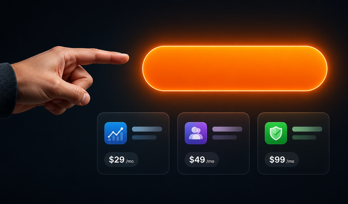A hand pointing at a highlighted storefront button next to product listing thumbnails